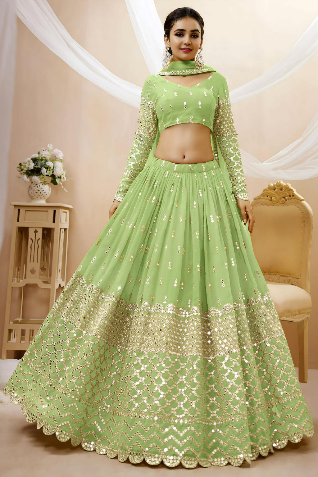 Pista Green Georgette Lehenga Choli For Indian & Pakistani Wedding Festival - Sequins & Thread Embroidery Work, Zari Work