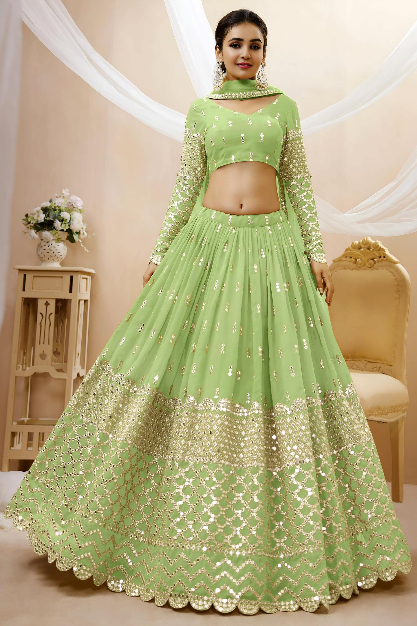 Pista Green Georgette Lehenga Choli For Indian & Pakistani Wedding Festival - Sequins & Thread Embroidery Work, Zari Work