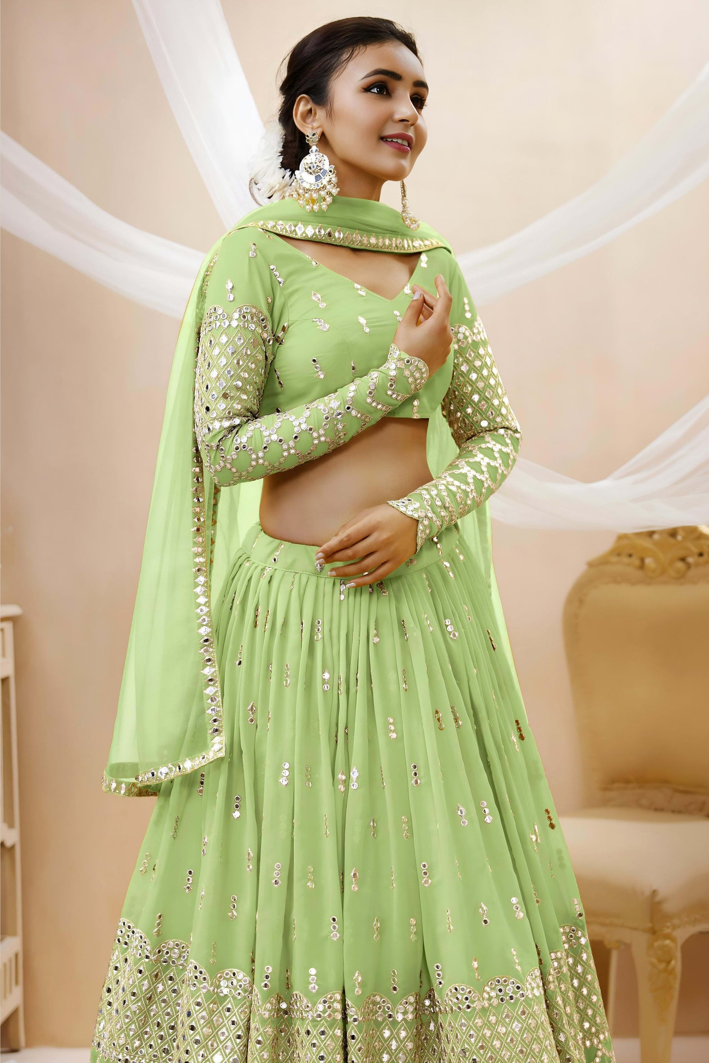 Pista Green Georgette Lehenga Choli For Indian & Pakistani Wedding Festival - Sequins & Thread Embroidery Work, Zari Work
