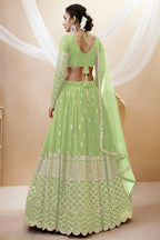 Pista Green Georgette Lehenga Choli For Indian & Pakistani Wedding Festival - Sequins & Thread Embroidery Work, Zari Work