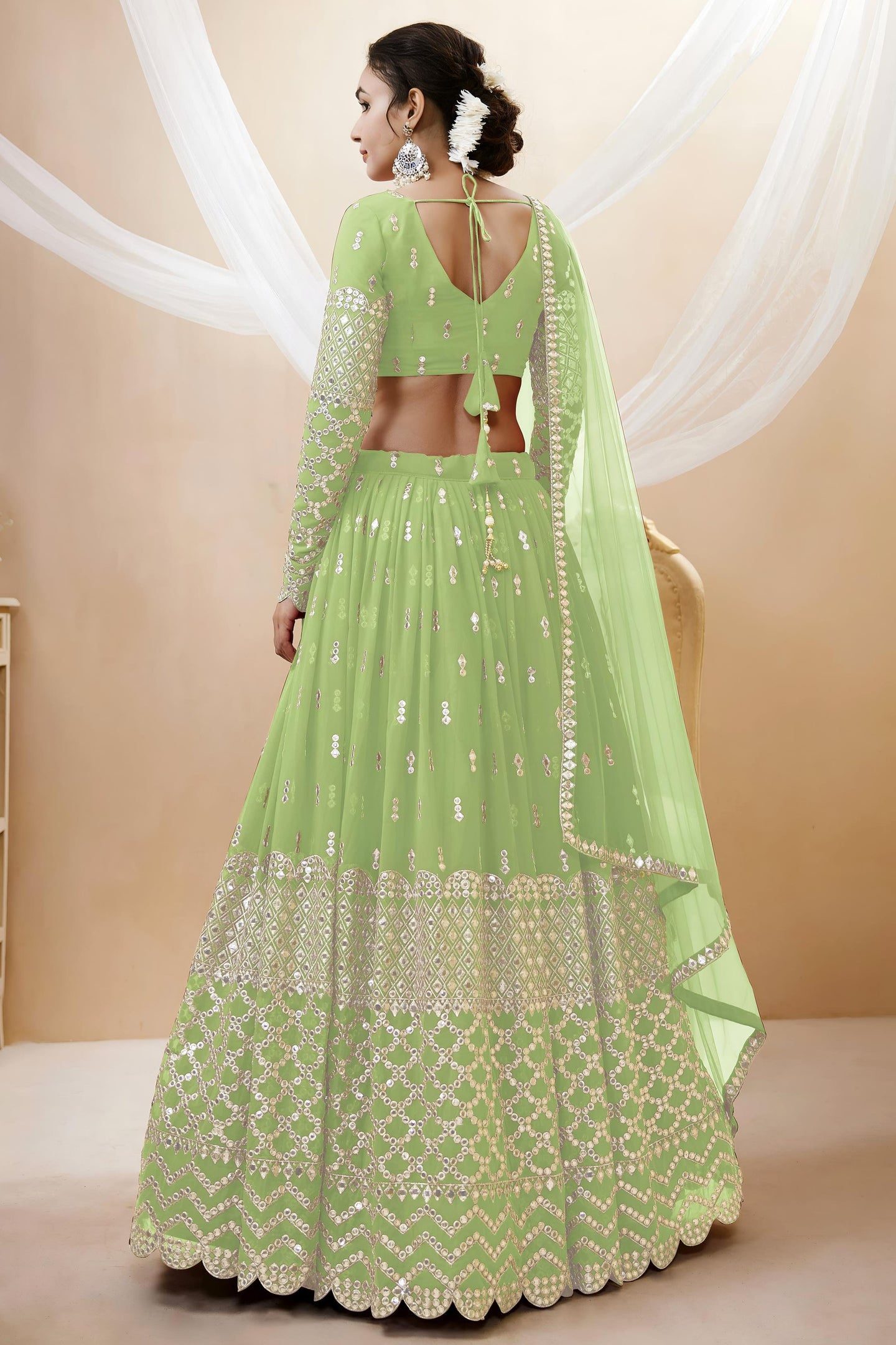 Pista Green Georgette Lehenga Choli For Indian & Pakistani Wedding Festival - Sequins & Thread Embroidery Work, Zari Work
