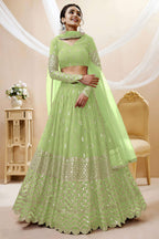 Pista Green Georgette Lehenga Choli For Indian & Pakistani Wedding Festival - Sequins & Thread Embroidery Work, Zari Work