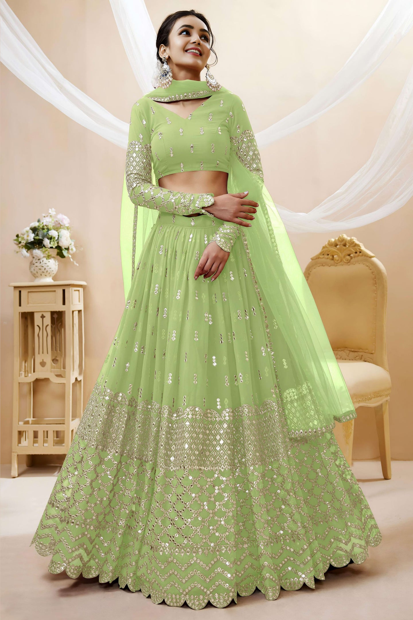 Pista Green Georgette Lehenga Choli For Indian & Pakistani Wedding Festival - Sequins & Thread Embroidery Work, Zari Work