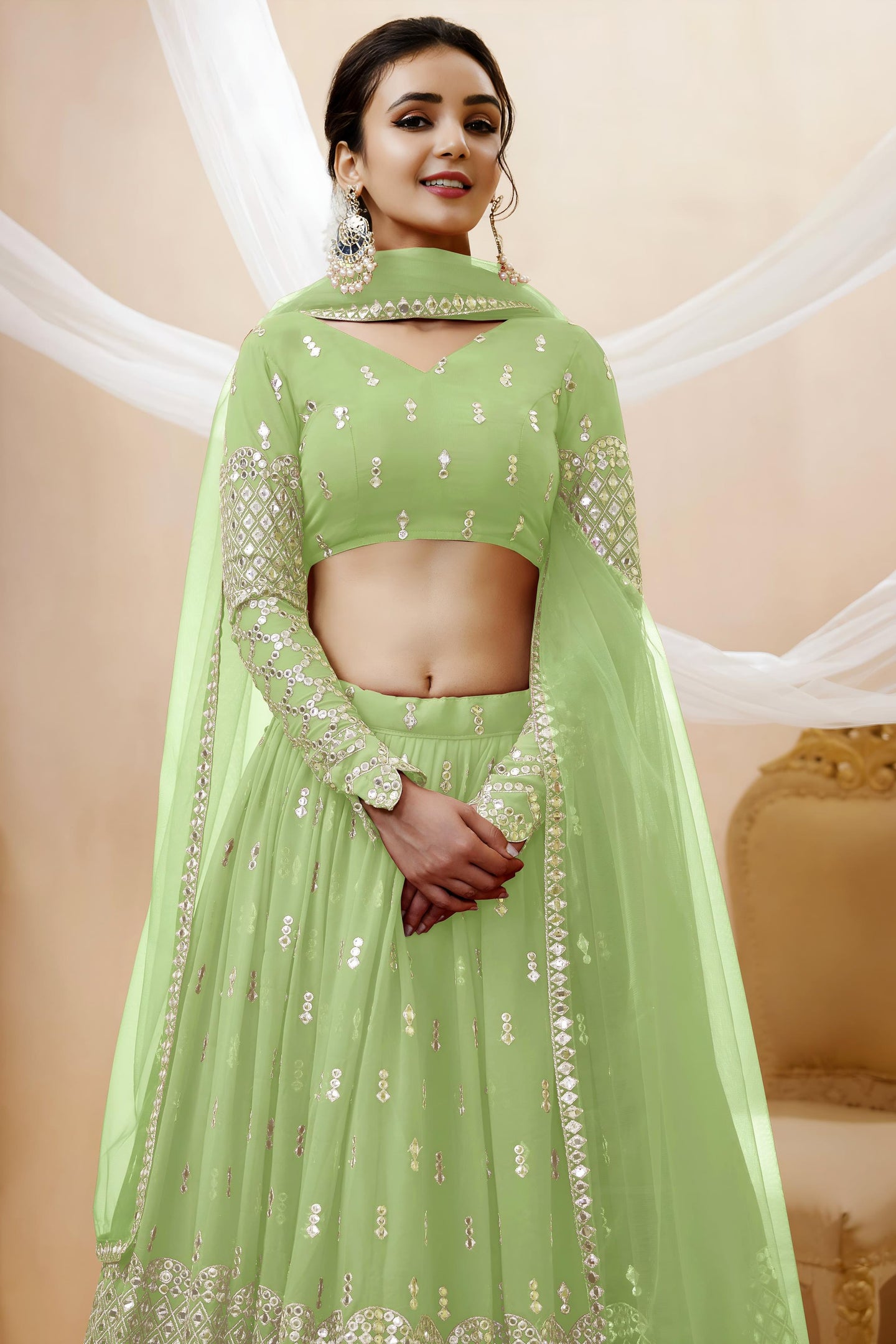 Pista Green Georgette Lehenga Choli For Indian & Pakistani Wedding Festival - Sequins & Thread Embroidery Work, Zari Work