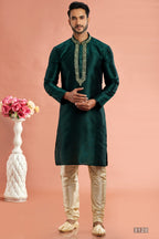 Dark Green Banarasi Art Silk Plain Kurta Pajama for Men for Festival & Wedding - Embroidery Work