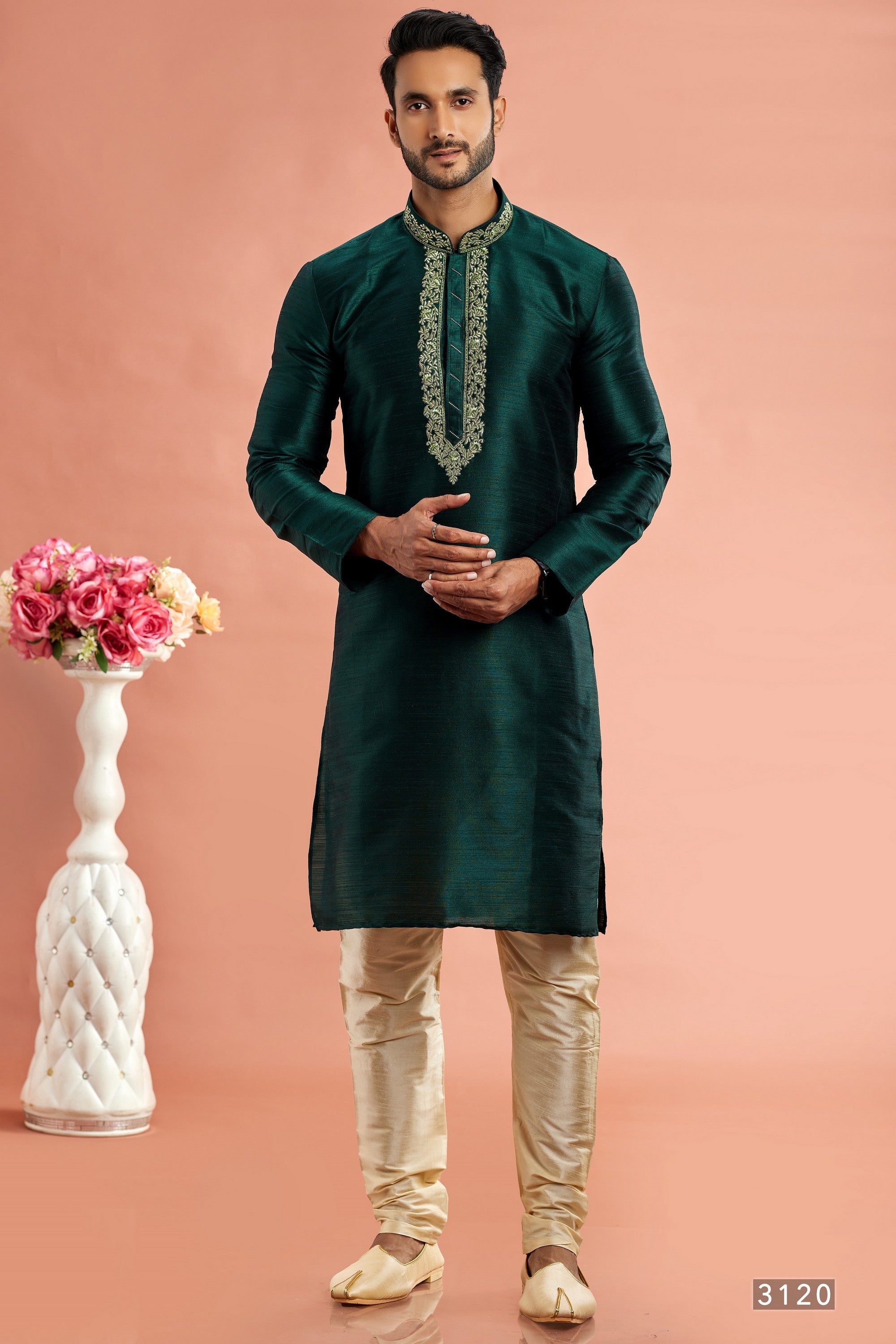 Dark Green Banarasi Art Silk Plain Kurta Pajama for Men for Festival & Wedding - Embroidery Work