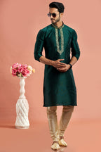 Dark Green Banarasi Art Silk Plain Kurta Pajama for Men for Festival & Wedding - Embroidery Work