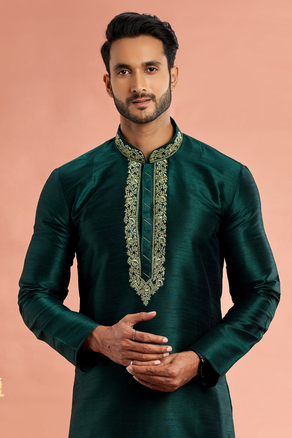 Dark Green Banarasi Art Silk Plain Kurta Pajama for Men for Festival & Wedding - Embroidery Work