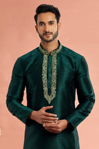 Dark Green Banarasi Art Silk Plain Kurta Pajama for Men for Festival & Wedding - Embroidery Work
