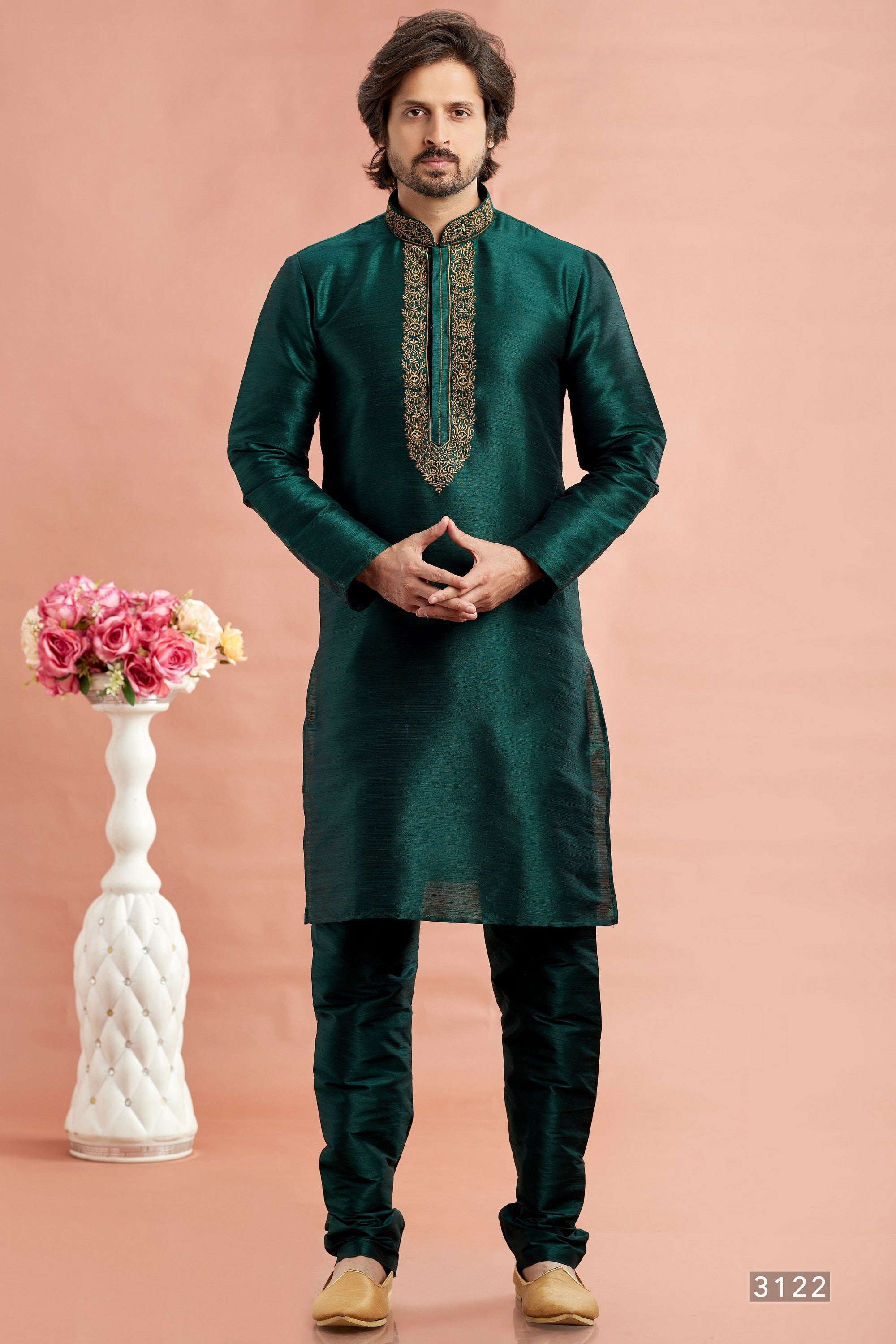 Dark Green Banarasi Art Silk Plain Kurta Pajama for Men for Festivals & Weddings - Embroidery Work
