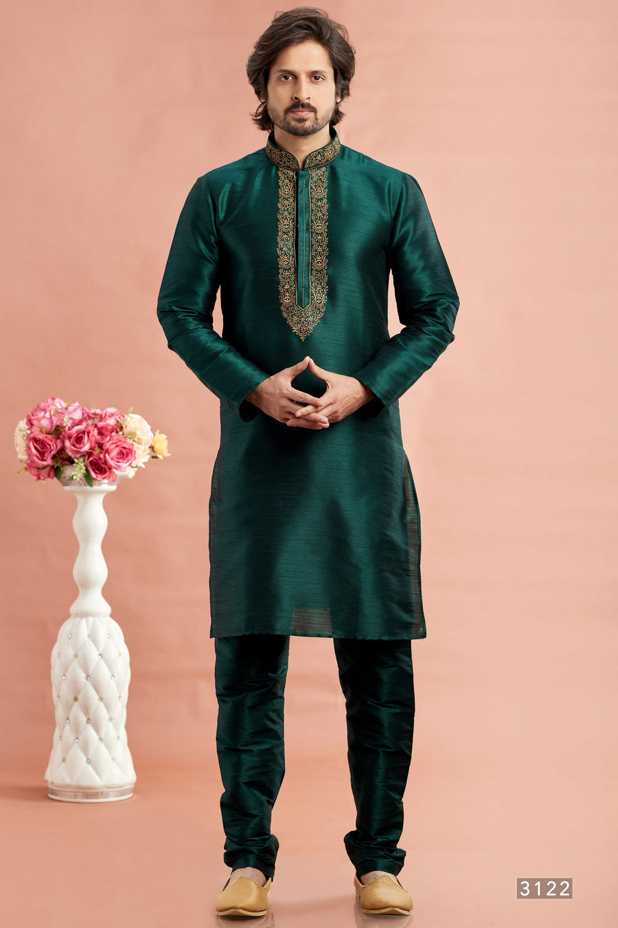 Dark Green Banarasi Art Silk Plain Kurta Pajama for Men for Festivals & Weddings - Embroidery Work