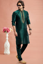 Dark Green Banarasi Art Silk Plain Kurta Pajama for Men for Festivals & Weddings - Embroidery Work