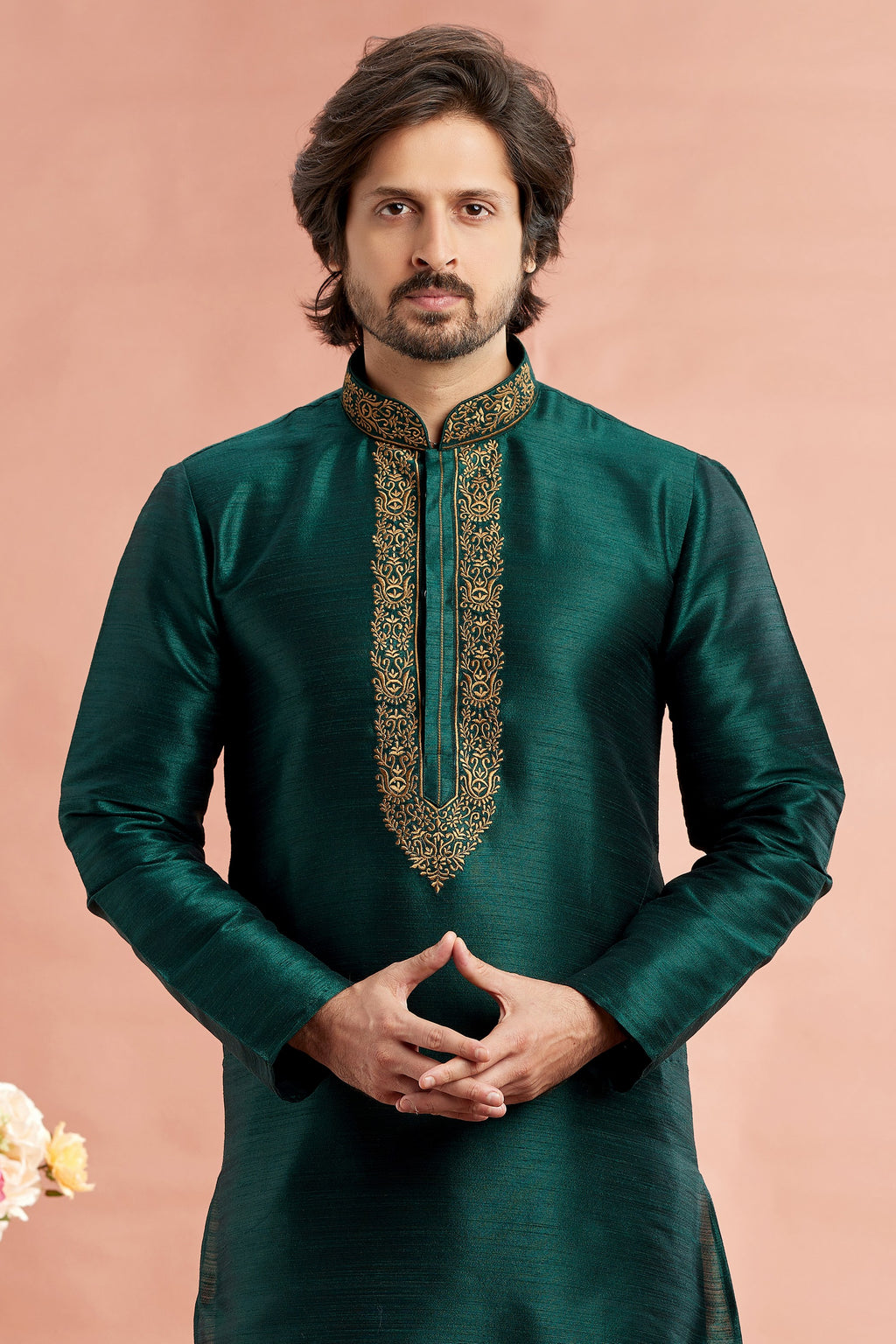 Dark Green Banarasi Art Silk Plain Kurta Pajama for Men for Festivals & Weddings - Embroidery Work