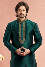 Dark Green Banarasi Art Silk Plain Kurta Pajama for Men for Festivals & Weddings - Embroidery Work