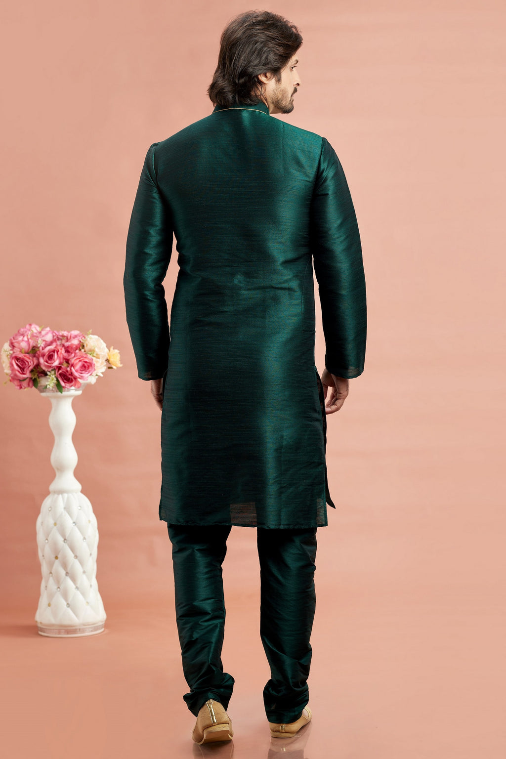 Dark Green Banarasi Art Silk Plain Kurta Pajama for Men for Festivals & Weddings - Embroidery Work