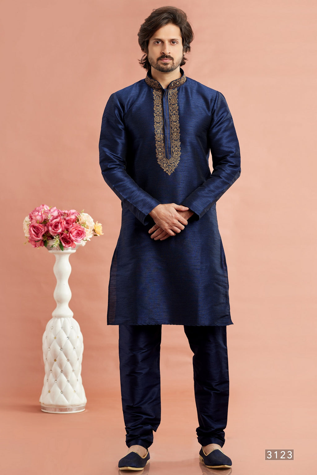 Navy Blue Banarasi Art Silk Plain Kurta Pajama for Men for Festivals & Weddings - Embroidery Work