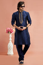 Navy Blue Banarasi Art Silk Plain Kurta Pajama for Men for Festivals & Weddings - Embroidery Work