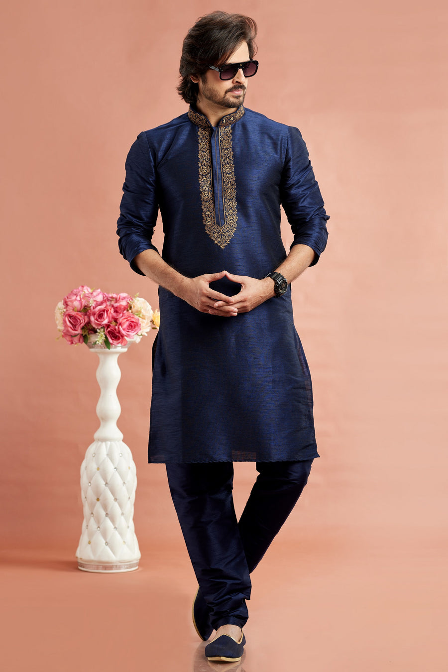 Navy Blue Banarasi Art Silk Plain Kurta Pajama for Men for Festivals & Weddings - Embroidery Work