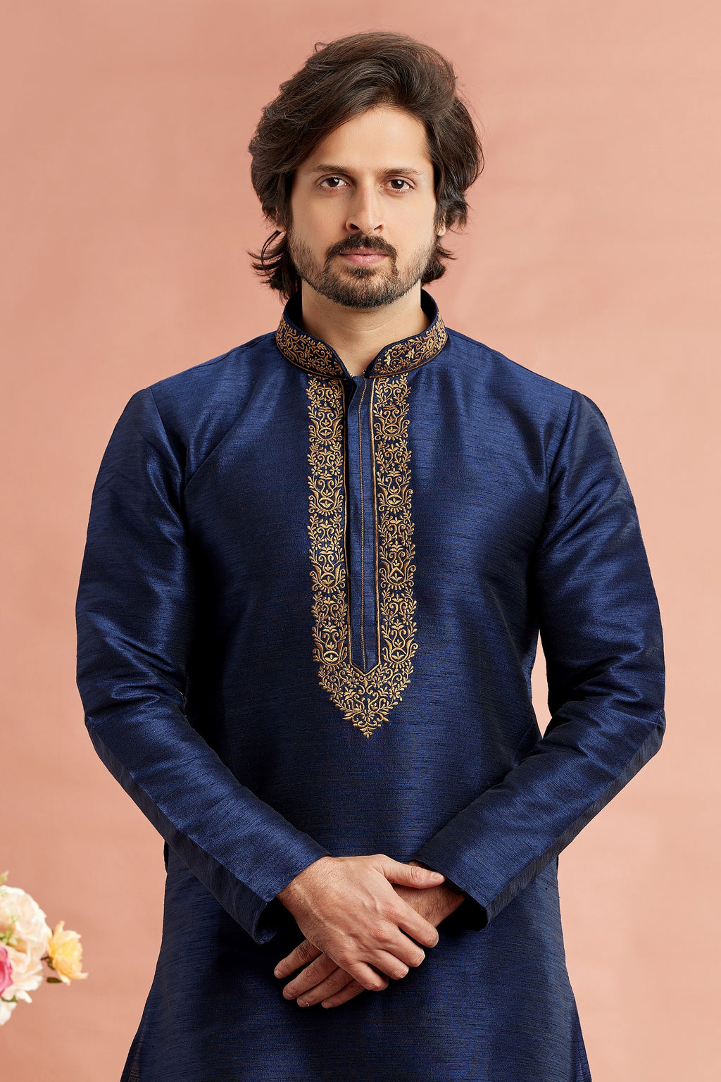 Navy Blue Banarasi Art Silk Plain Kurta Pajama for Men for Festivals & Weddings - Embroidery Work