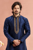 Navy Blue Banarasi Art Silk Plain Kurta Pajama for Men for Festivals & Weddings - Embroidery Work