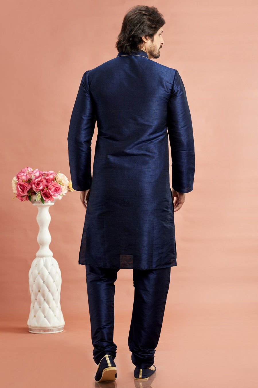 Navy Blue Banarasi Art Silk Plain Kurta Pajama for Men for Festivals & Weddings - Embroidery Work