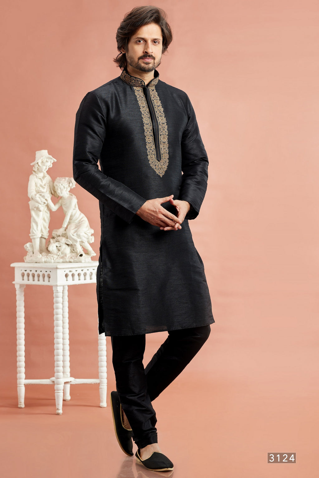 Black Banarasi Art Silk Plain Kurta Pajama for Men for Festivals & Weddings - Embroidery Work