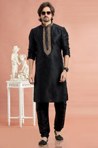 Black Banarasi Art Silk Plain Kurta Pajama for Men for Festivals & Weddings - Embroidery Work