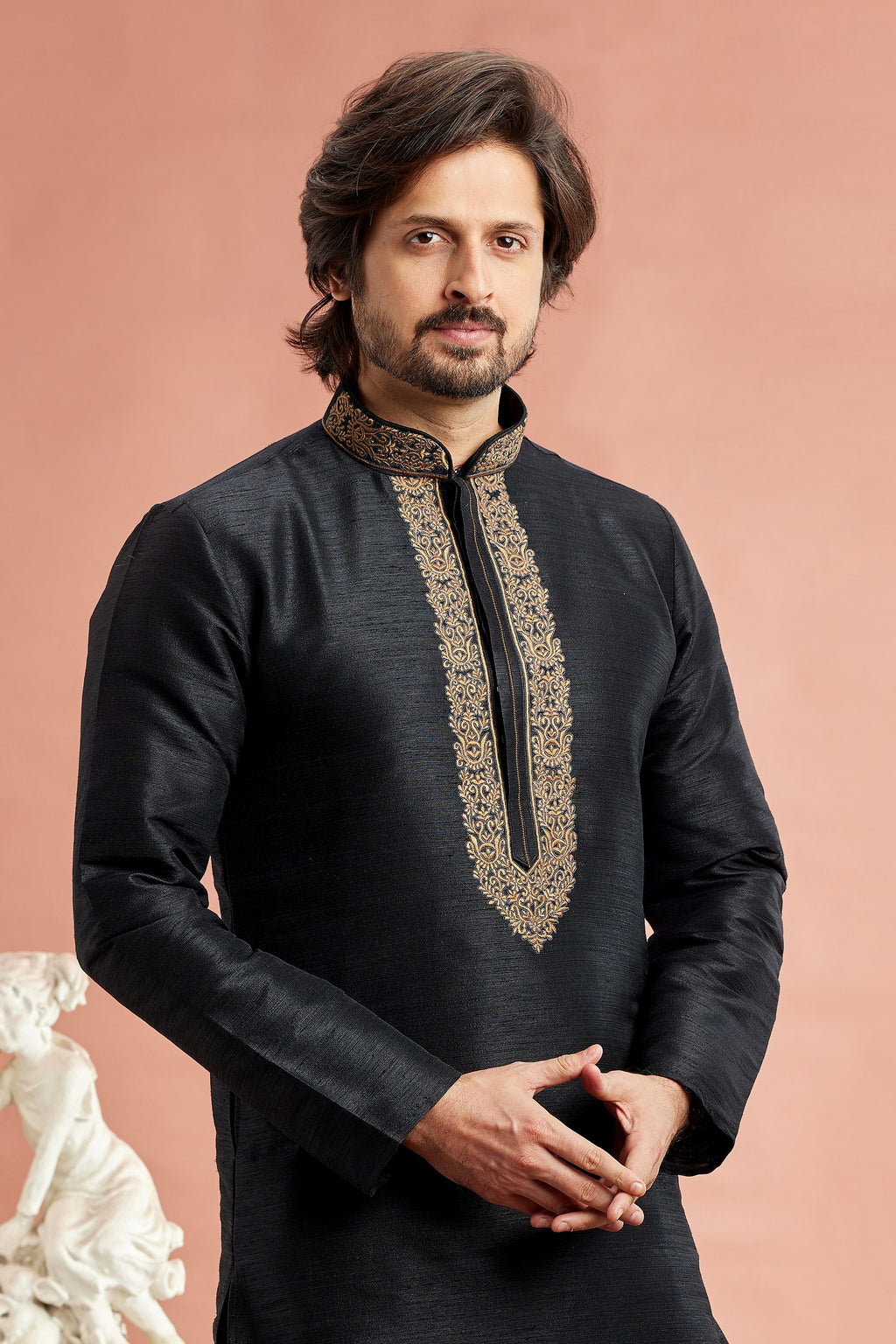 Black Banarasi Art Silk Plain Kurta Pajama for Men for Festivals & Weddings - Embroidery Work