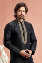 Black Banarasi Art Silk Plain Kurta Pajama for Men for Festivals & Weddings - Embroidery Work
