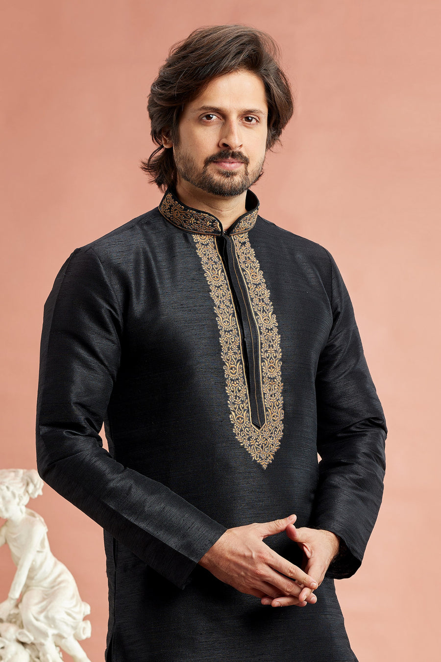 Black Banarasi Art Silk Plain Kurta Pajama for Men for Festivals & Weddings - Embroidery Work