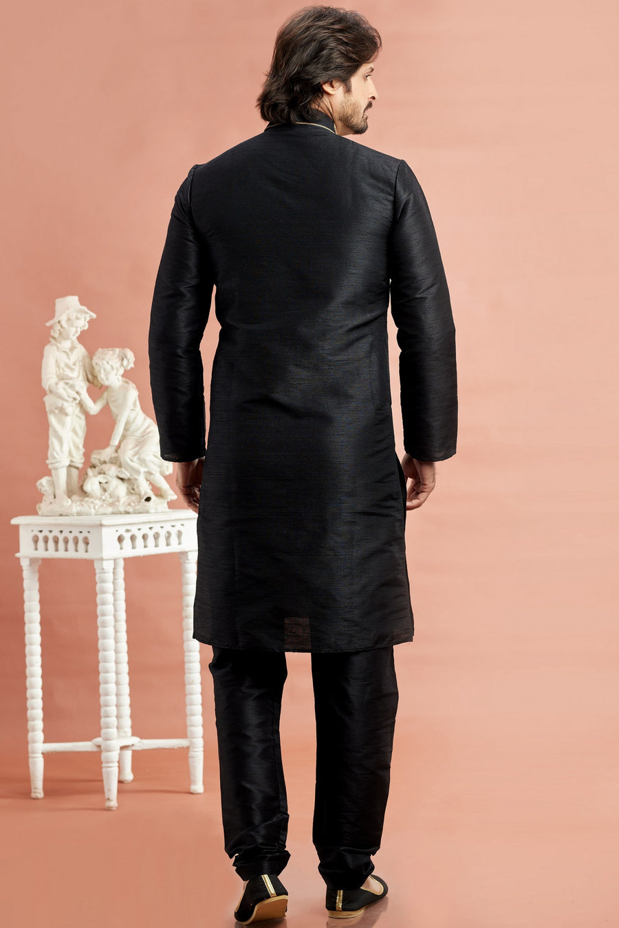 Black Banarasi Art Silk Plain Kurta Pajama for Men for Festivals & Weddings - Embroidery Work