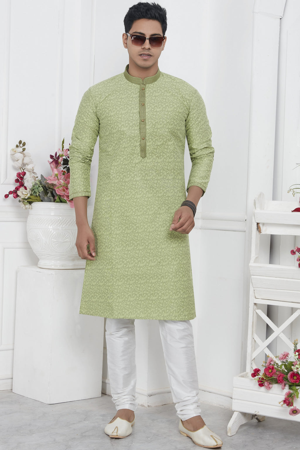 Pista Green Jacquard Silk Plain Straight Kurta Pajama for Men for Wedding & Festival