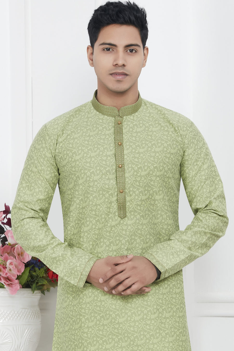 Pista Green Jacquard Silk Plain Straight Kurta Pajama for Men for Wedding & Festival