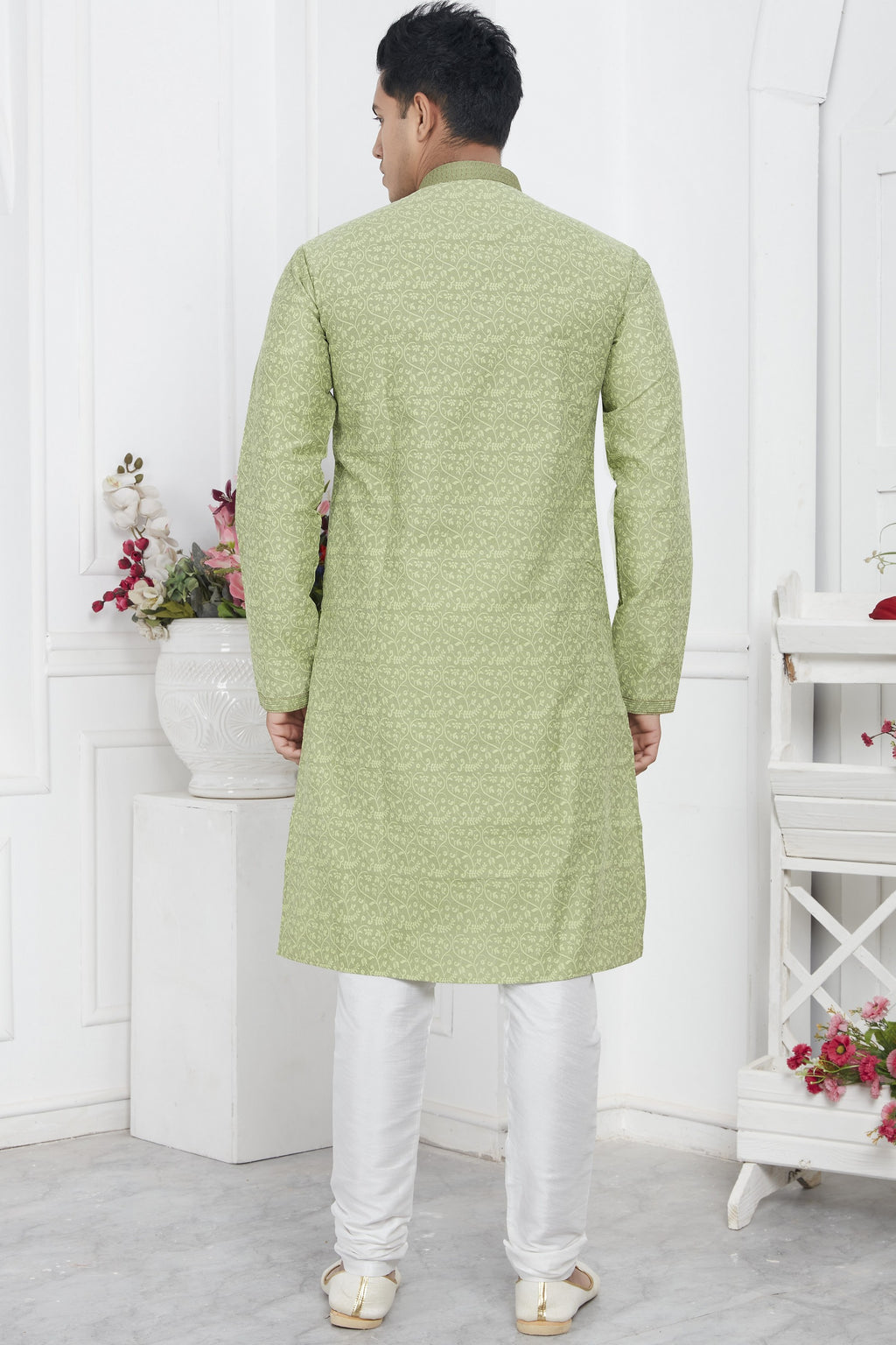 Pista Green Jacquard Silk Plain Straight Kurta Pajama for Men for Wedding & Festival