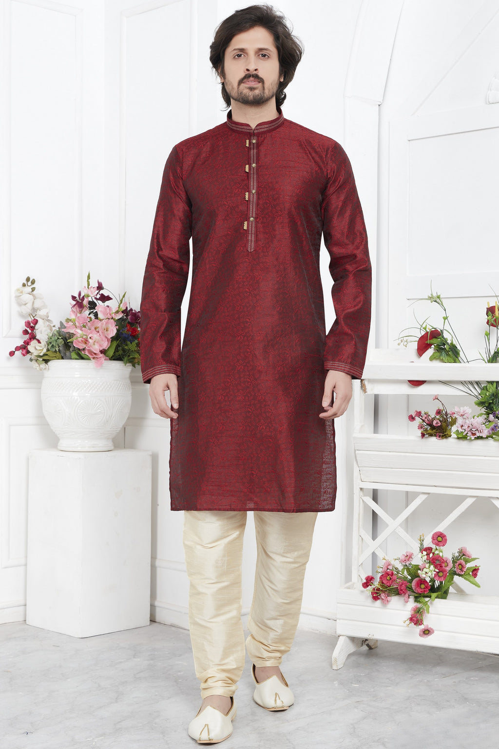 Maroon Jacquard Silk Plain Straight Kurta Pajama for Men for Wedding & Festival