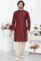 Maroon Jacquard Silk Plain Straight Kurta Pajama for Men for Wedding & Festival