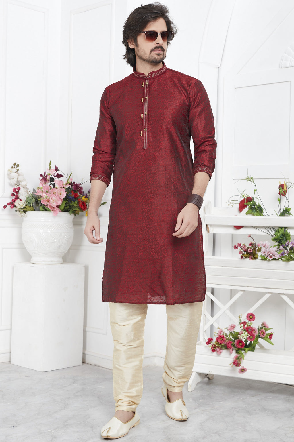 Maroon Jacquard Silk Plain Straight Kurta Pajama for Men for Wedding & Festival