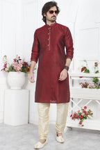 Maroon Jacquard Silk Plain Straight Kurta Pajama for Men for Wedding & Festival