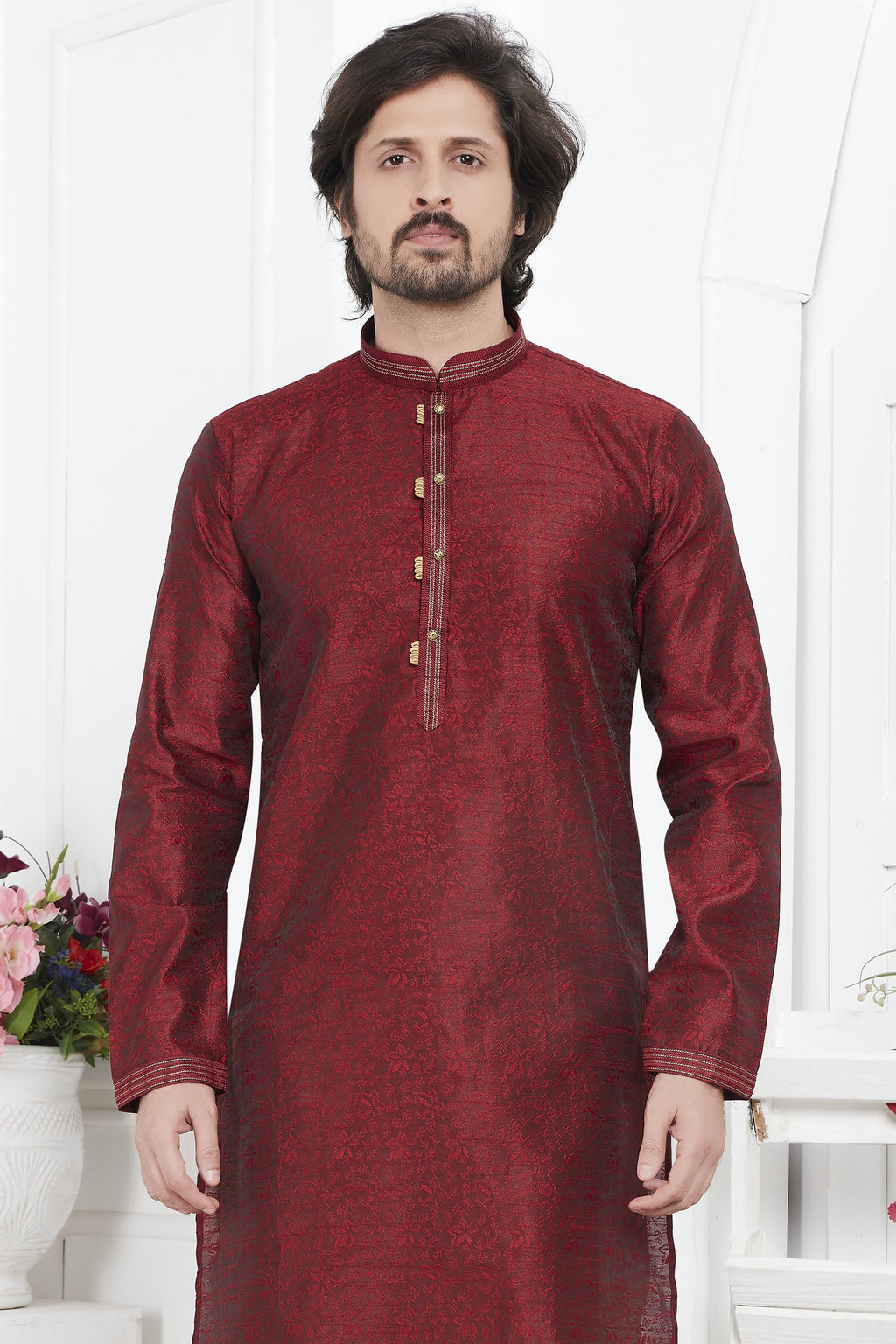 Maroon Jacquard Silk Plain Straight Kurta Pajama for Men for Wedding & Festival