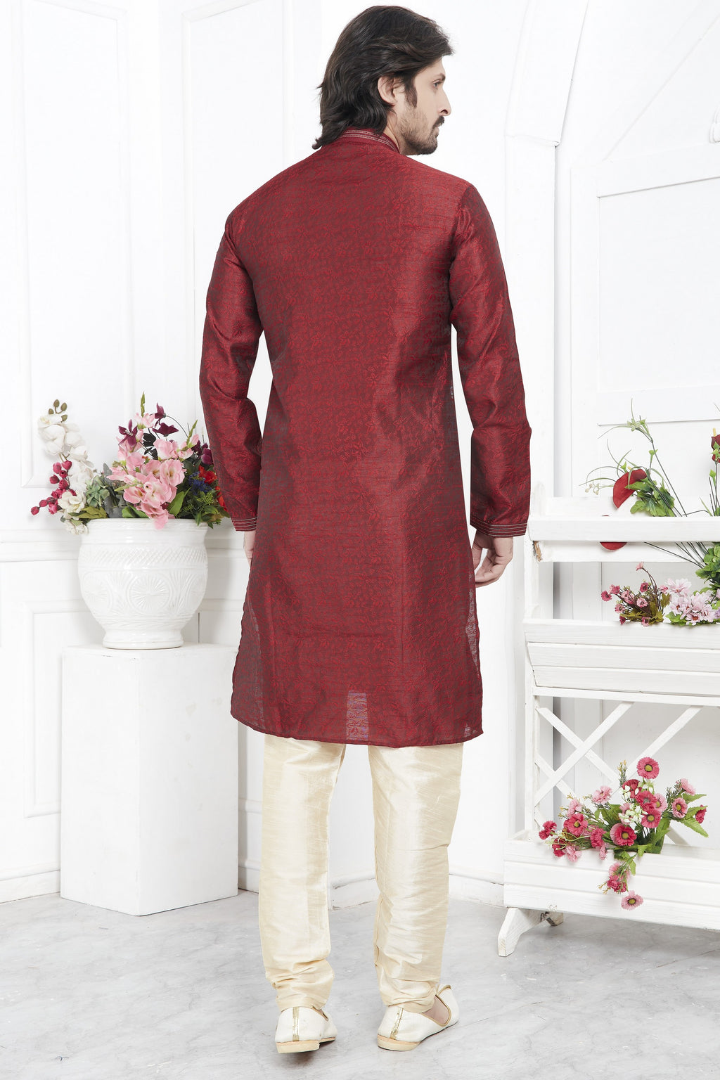 Maroon Jacquard Silk Plain Straight Kurta Pajama for Men for Wedding & Festival