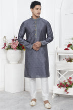 Gray Jacquard Silk Plain Straight Kurta Pajama for Men for Wedding & Festival