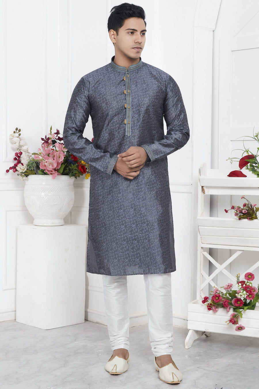 Gray Jacquard Silk Plain Straight Kurta Pajama for Men for Wedding & Festival