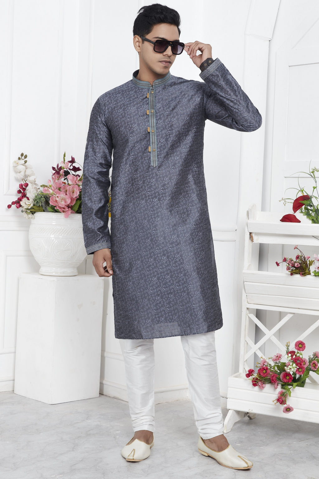 Gray Jacquard Silk Plain Straight Kurta Pajama for Men for Wedding & Festival
