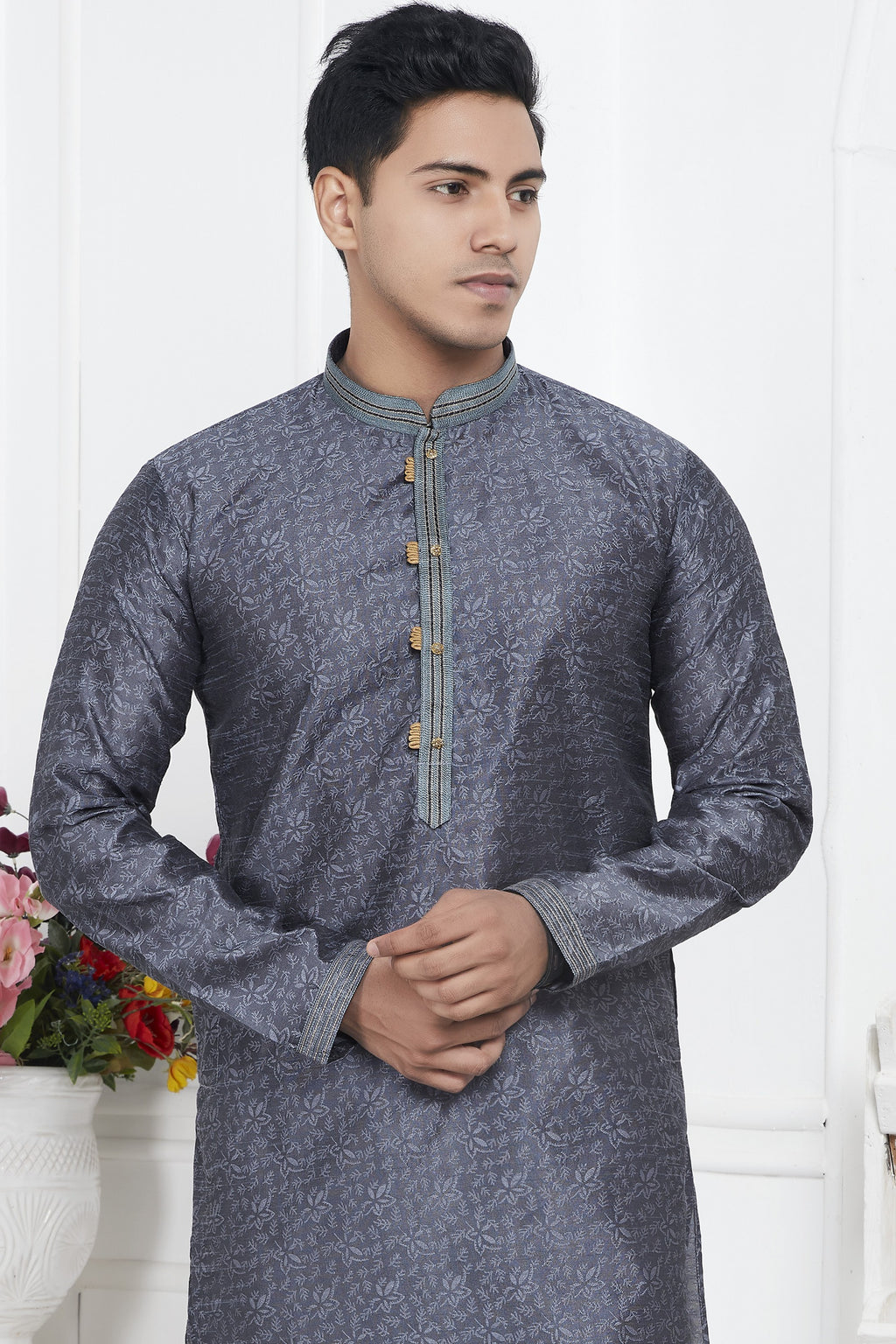 Gray Jacquard Silk Plain Straight Kurta Pajama for Men for Wedding & Festival