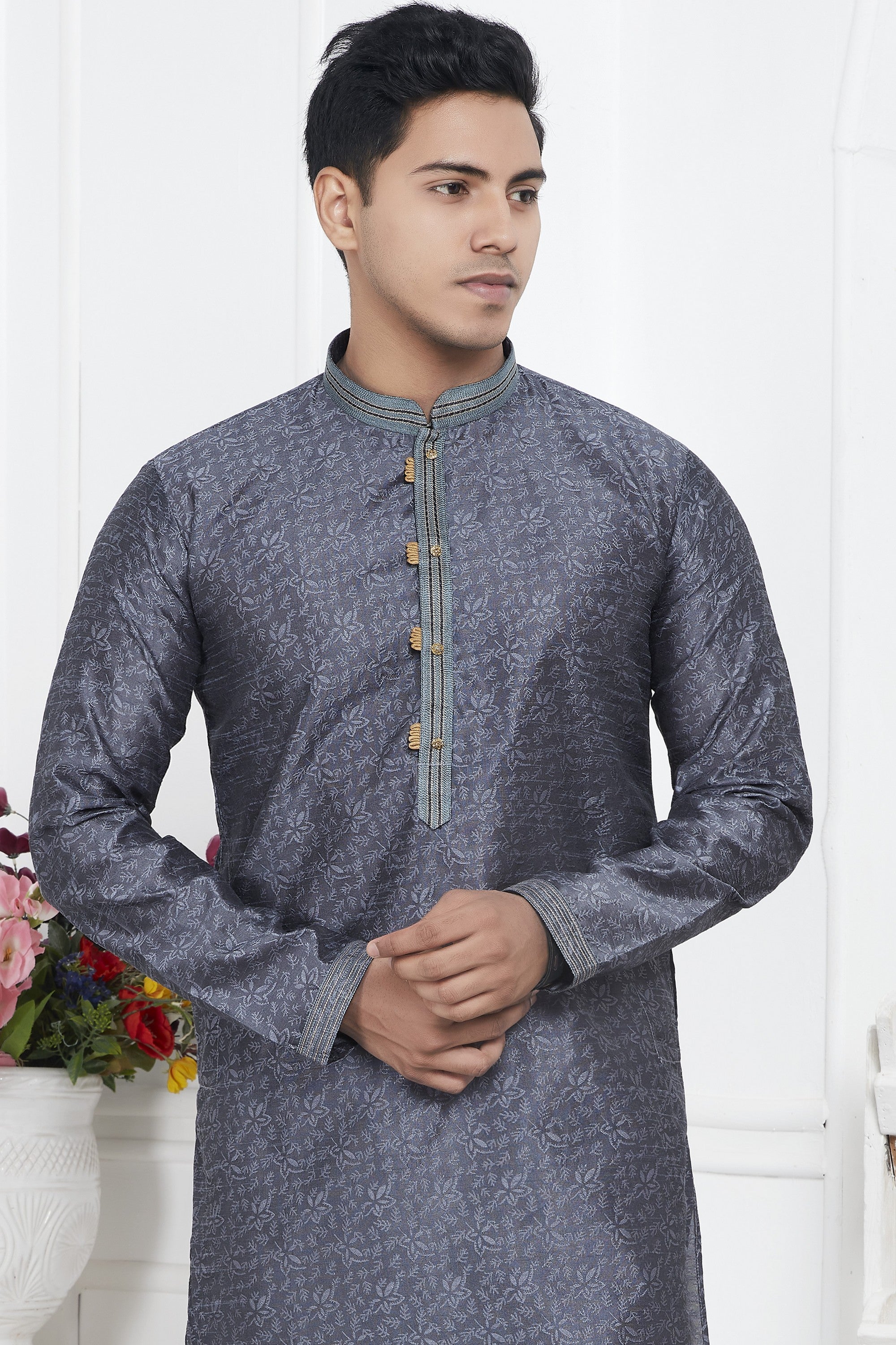 Gray Jacquard Silk Plain Straight Kurta Pajama for Men for Wedding & Festival