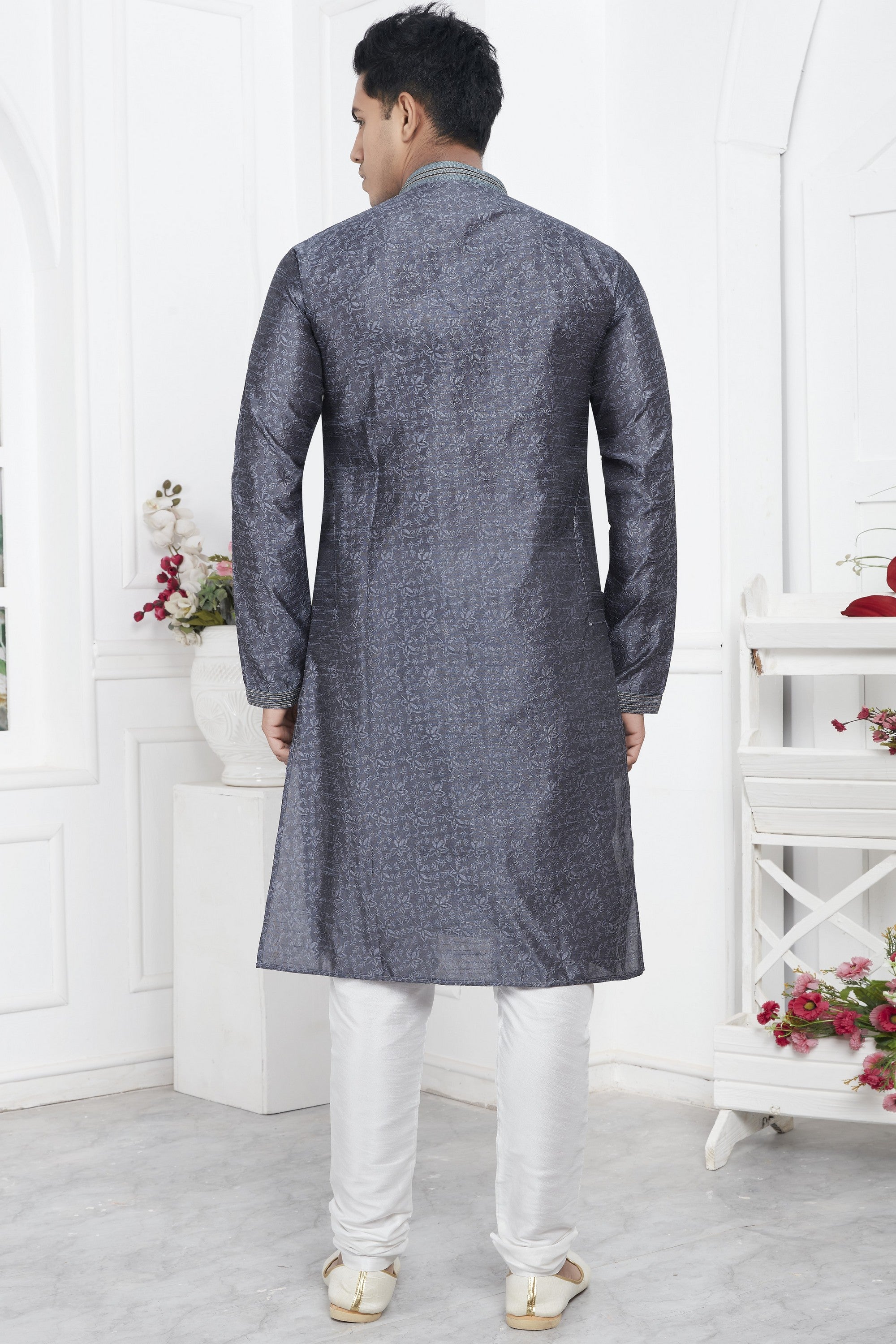 Gray Jacquard Silk Plain Straight Kurta Pajama for Men for Wedding & Festival