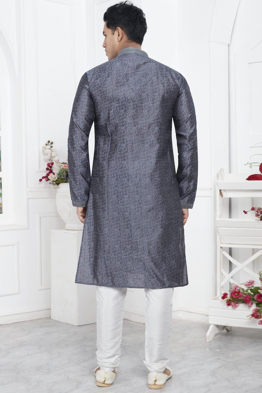 Gray Jacquard Silk Plain Straight Kurta Pajama for Men for Wedding & Festival