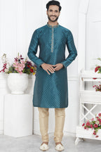 Teal Jacquard Silk Plain Straight Kurta Pajama for Men for Wedding & Festival