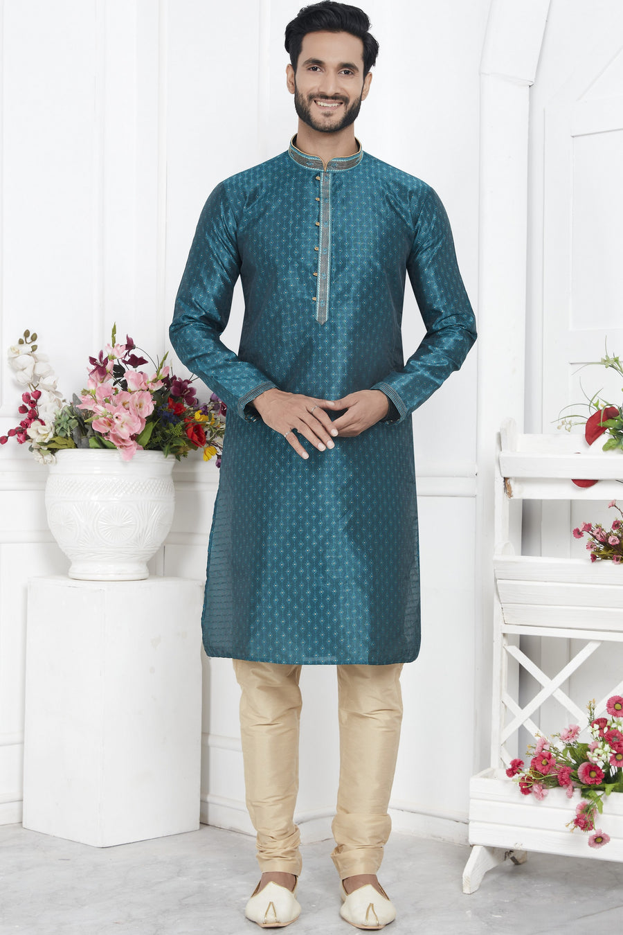 Teal Jacquard Silk Plain Straight Kurta Pajama for Men for Wedding & Festival