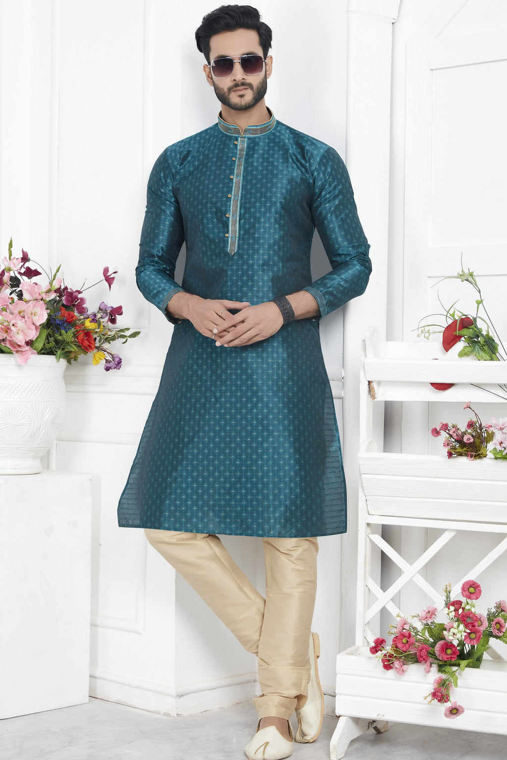 Teal Jacquard Silk Plain Straight Kurta Pajama for Men for Wedding & Festival